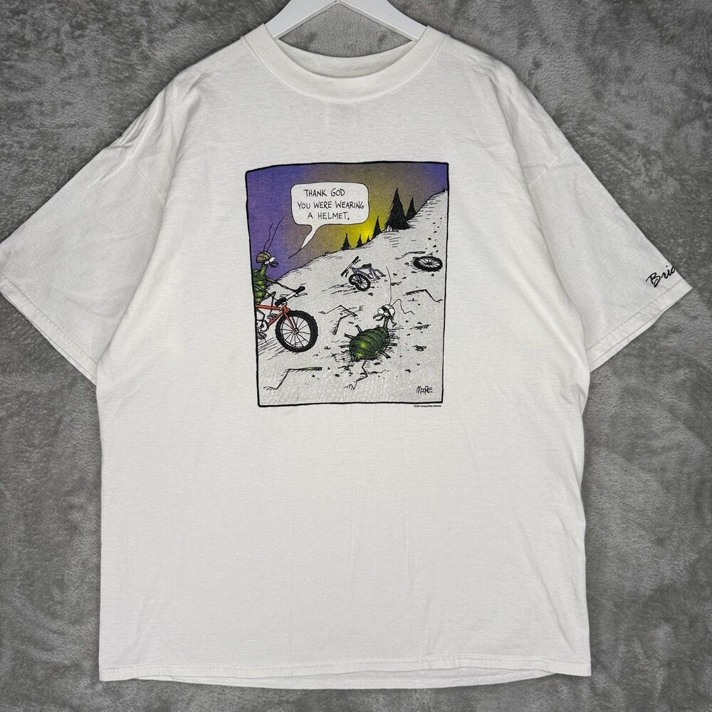 Vtg 90s Funny Art Comic T-Shirt Mens 2XL Bugs Mountain Biking Brian Head White